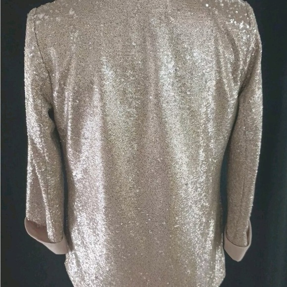 SAM EDELMAN | Champagne Gold Sequin Blazer Open Front 3/4 Sleeves - Picture 12 of 15